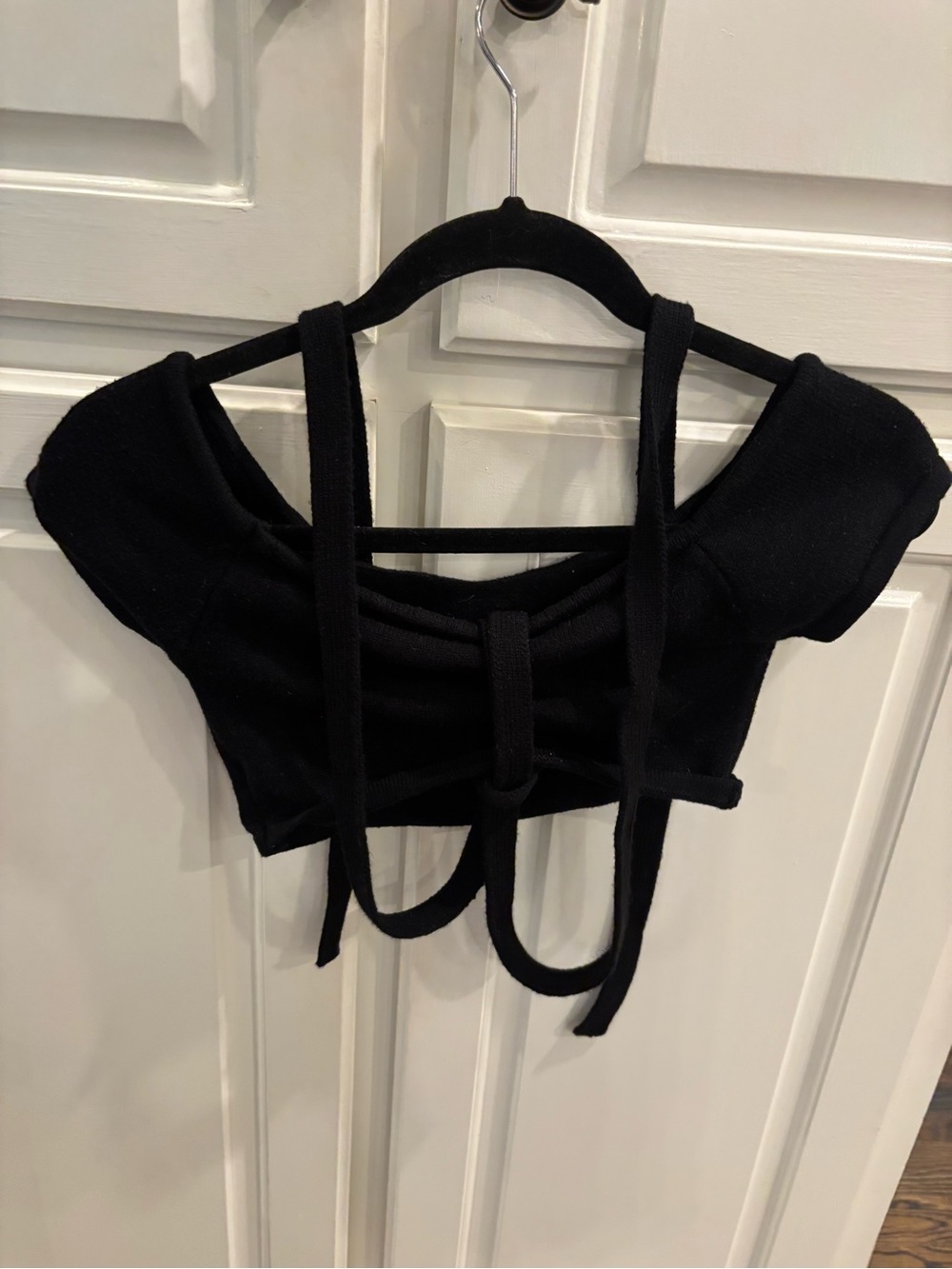 Edikted Black Off-Shoulder Crop Top with Tie Straps - Picture 2 of 3